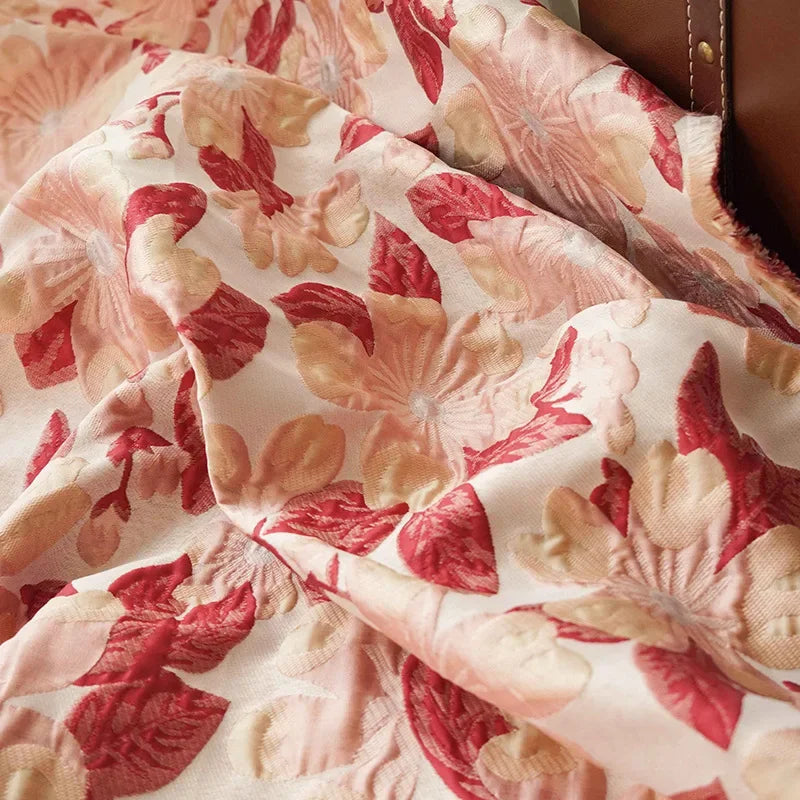 tissu polyester jacquard fleurs rose rouge beige coudre jupe sac résistant environnementalOpaque