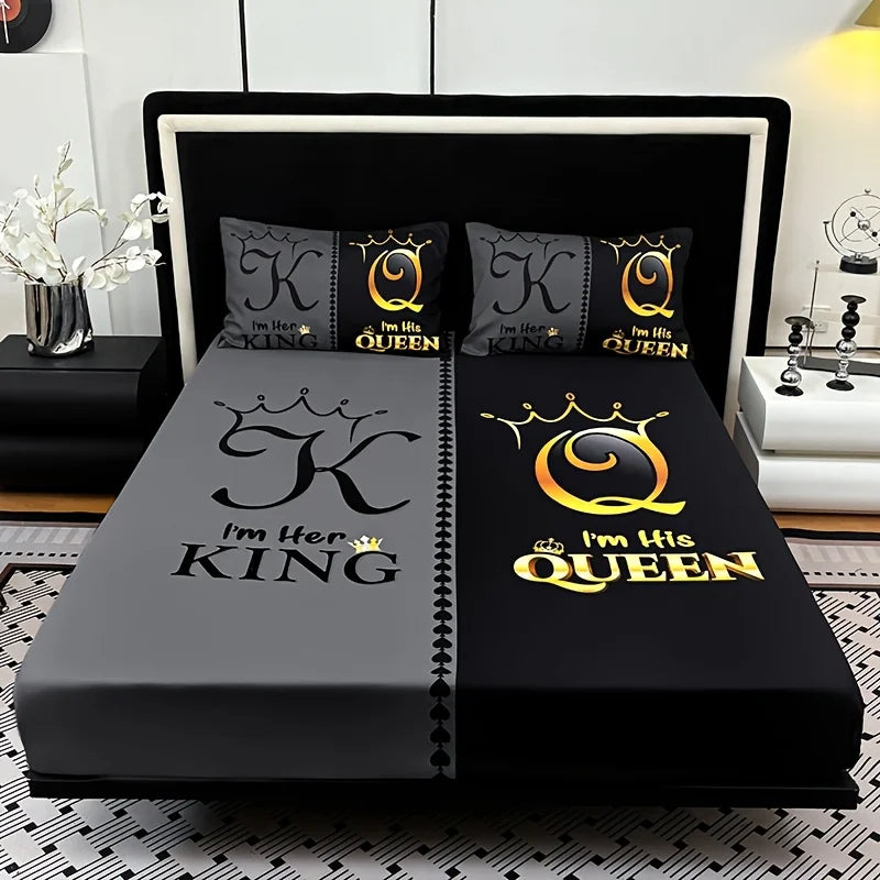 ensemble literie noir gris moderne plaid lettres couronne king queen doré lit housse polyester