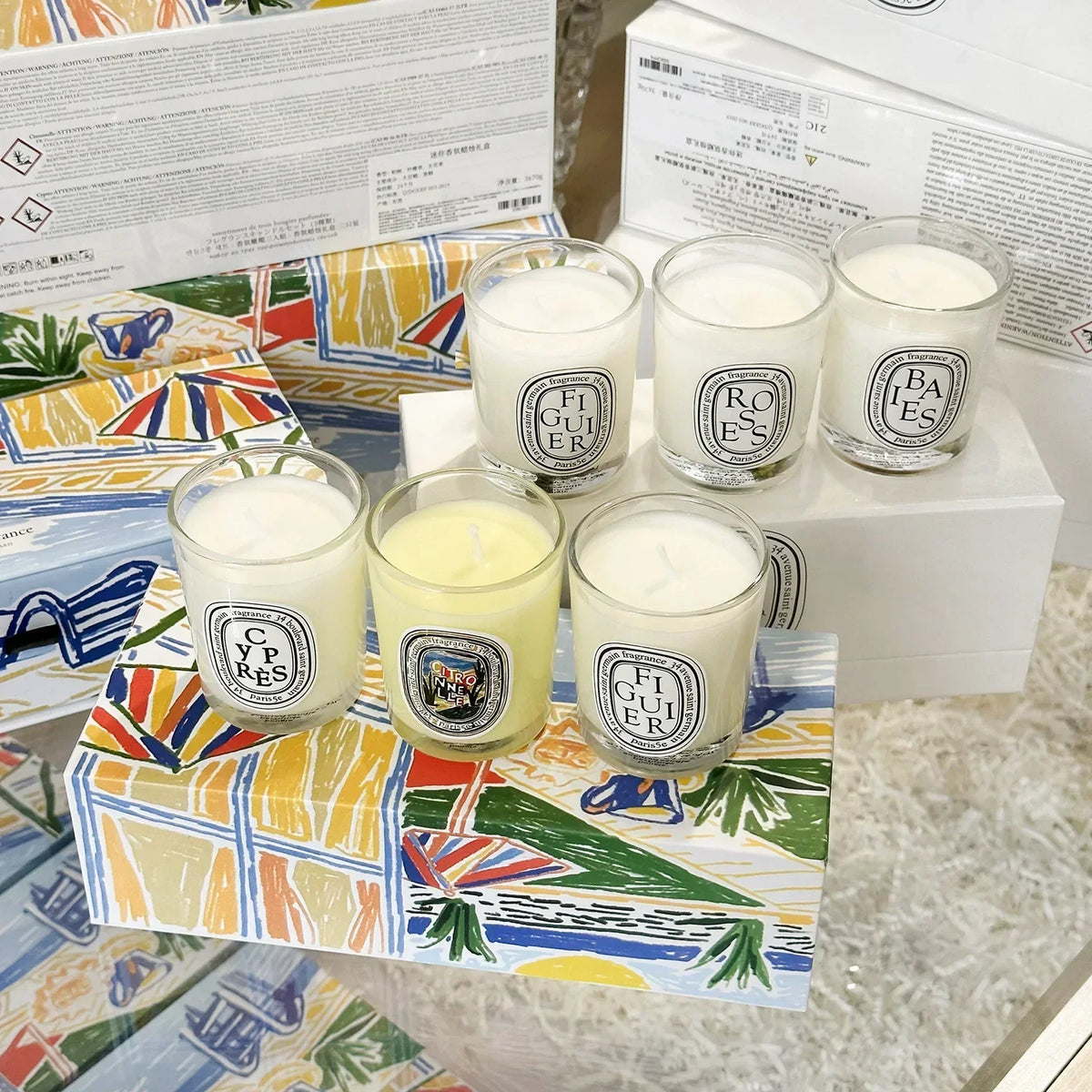 bougies parfumées cire gel aromathérapie forme coupe blanc logo diptyque verre transparent classique set
