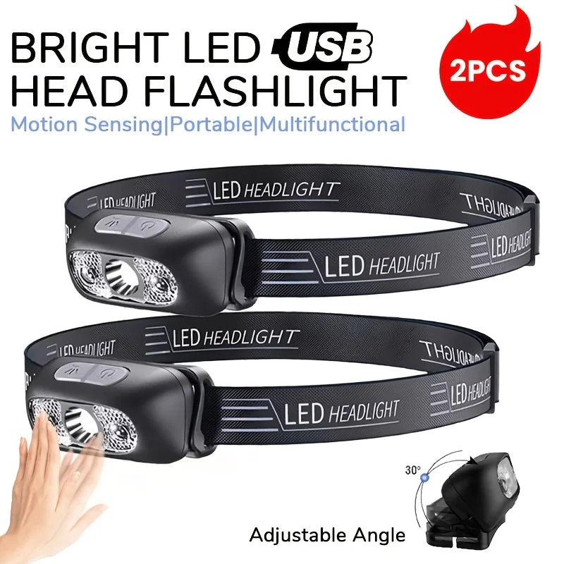 lampe frontale led rechargeable capteur mouvement sensoriel ceinture ajustable mode haut moyen bas đèn