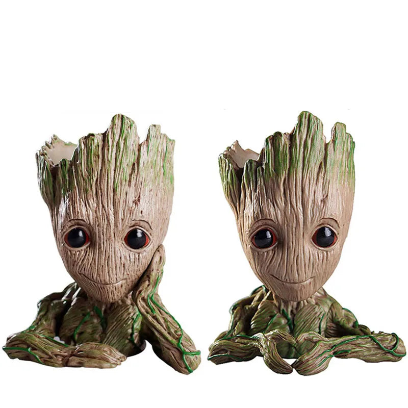 cache pot créatif marron vert texture bois personnage groot fleur intérieur décoration maison artisanat