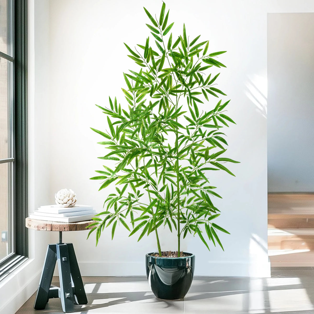 plante artificielle grande feuille monstera vert clair pot blanc décoration maison jardin extérieur moderne
