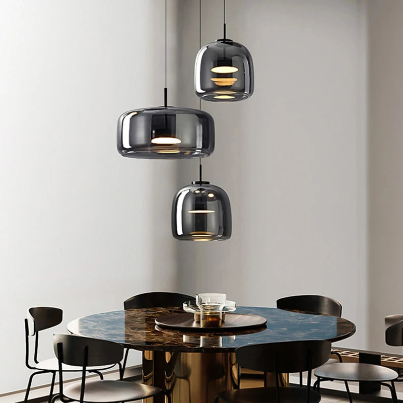 luminaire suspension moderne verre transparent doré câble salon salle manger