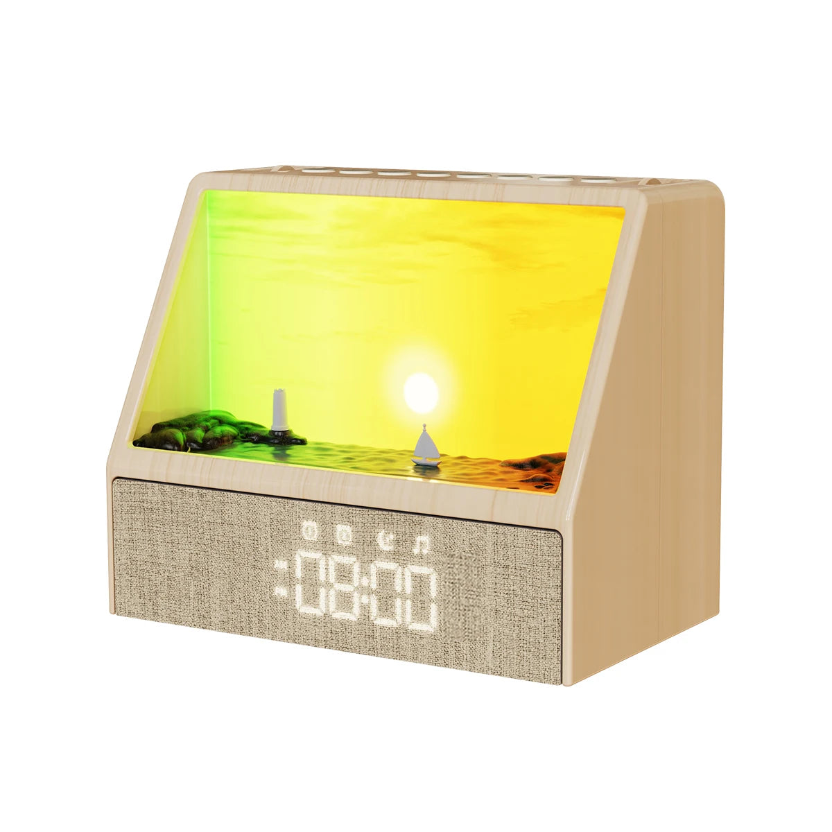 réveil lumineux veilleuse sons apaisants bruit blanc horloge minimaliste texture boisée scène décorative phare