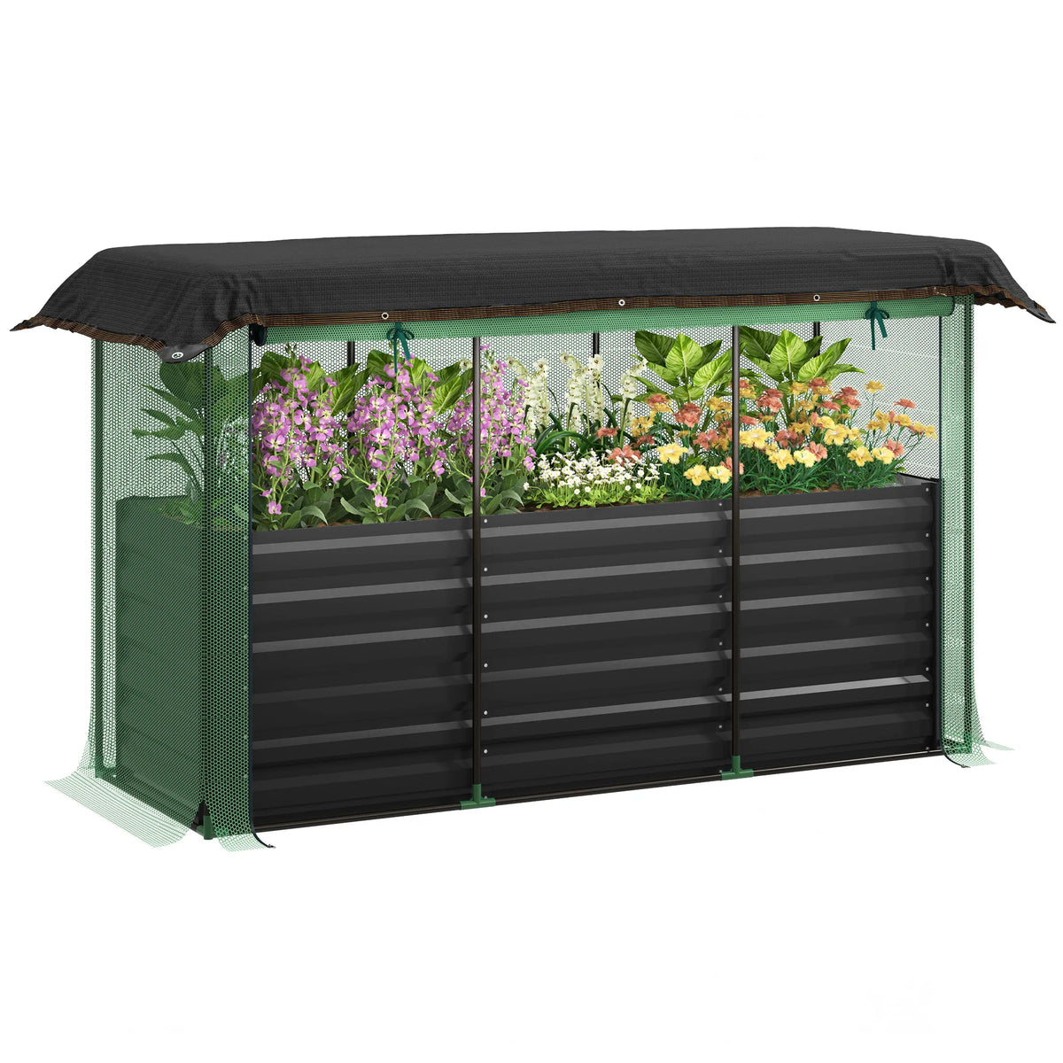 structure extérieure moderne bac fleurs métallique filet ombre vert foncé noir transparent opaque