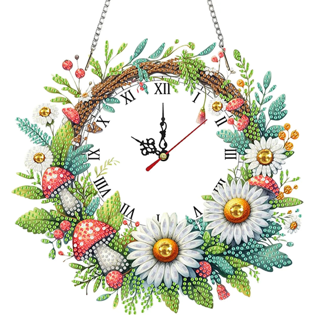 horloge suspendue 2d fleurs oiseaux motifs géométriques blanc multicolore métal chaines