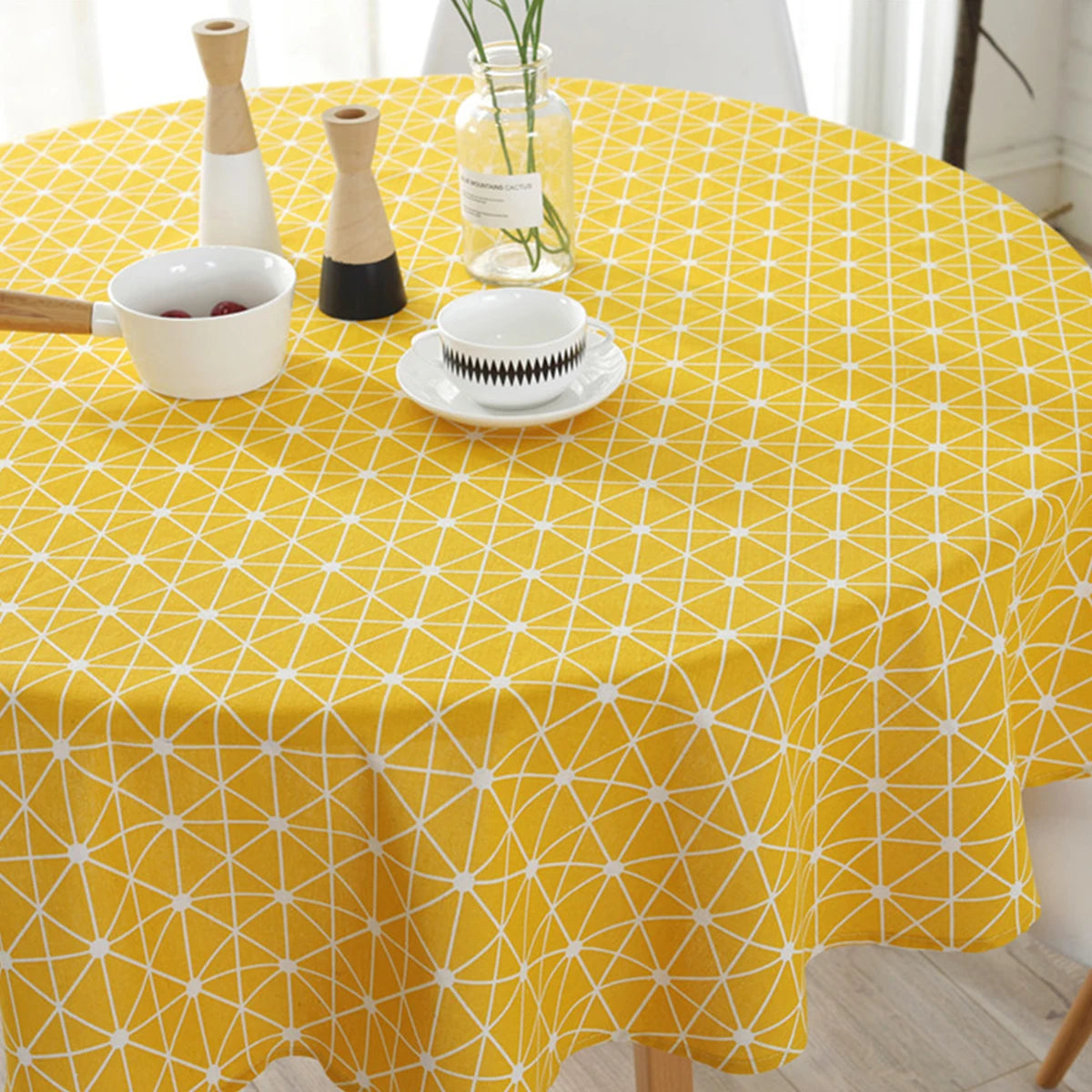 nappe ronde lin géométrique jaune blanc moderne table dîner mariage fête