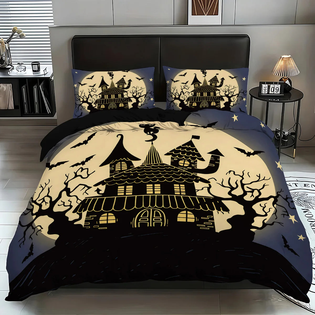 ensemble literie halloween maison hantée noir beige bleu illustrations opaques taies oreillers drap