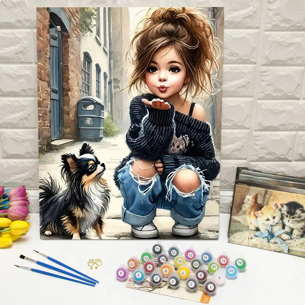 toile peinte fille chien stickers propylène moderne art contemporain peinture acrylique