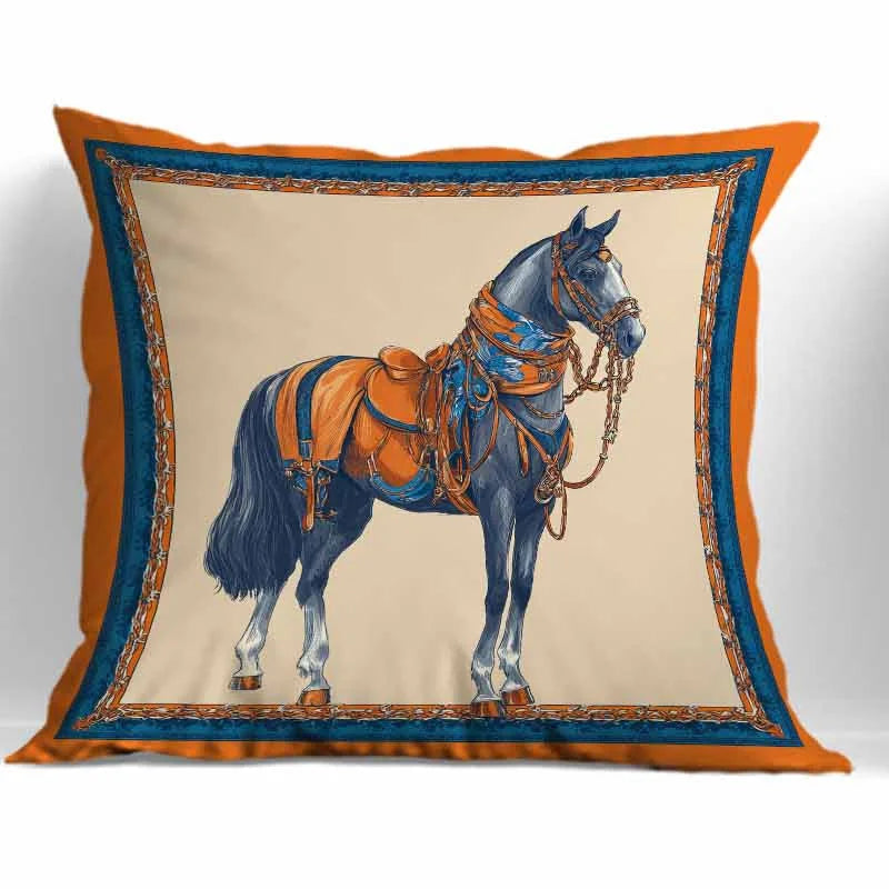 housse coussin imprimée chevaux beige bleu orange vintage canapé lit 100% polyester respectueux environnement