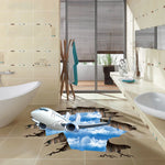 sticker mural 3d avion ciel nuages texture bois blanc bleu gris brun réaliste adhésif