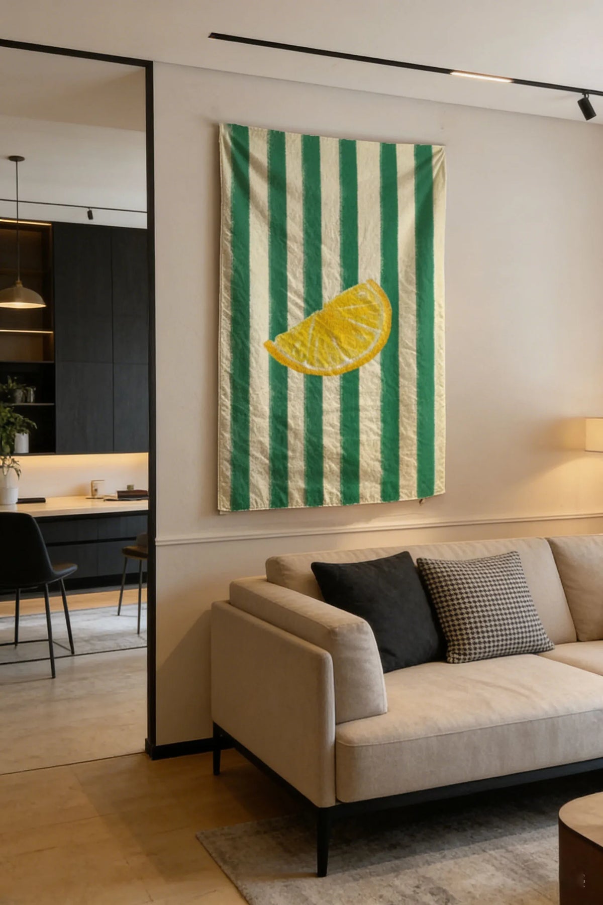 tapisserie murale citron rayée verte blanche moderne décoration intérieure chambre lavable machine