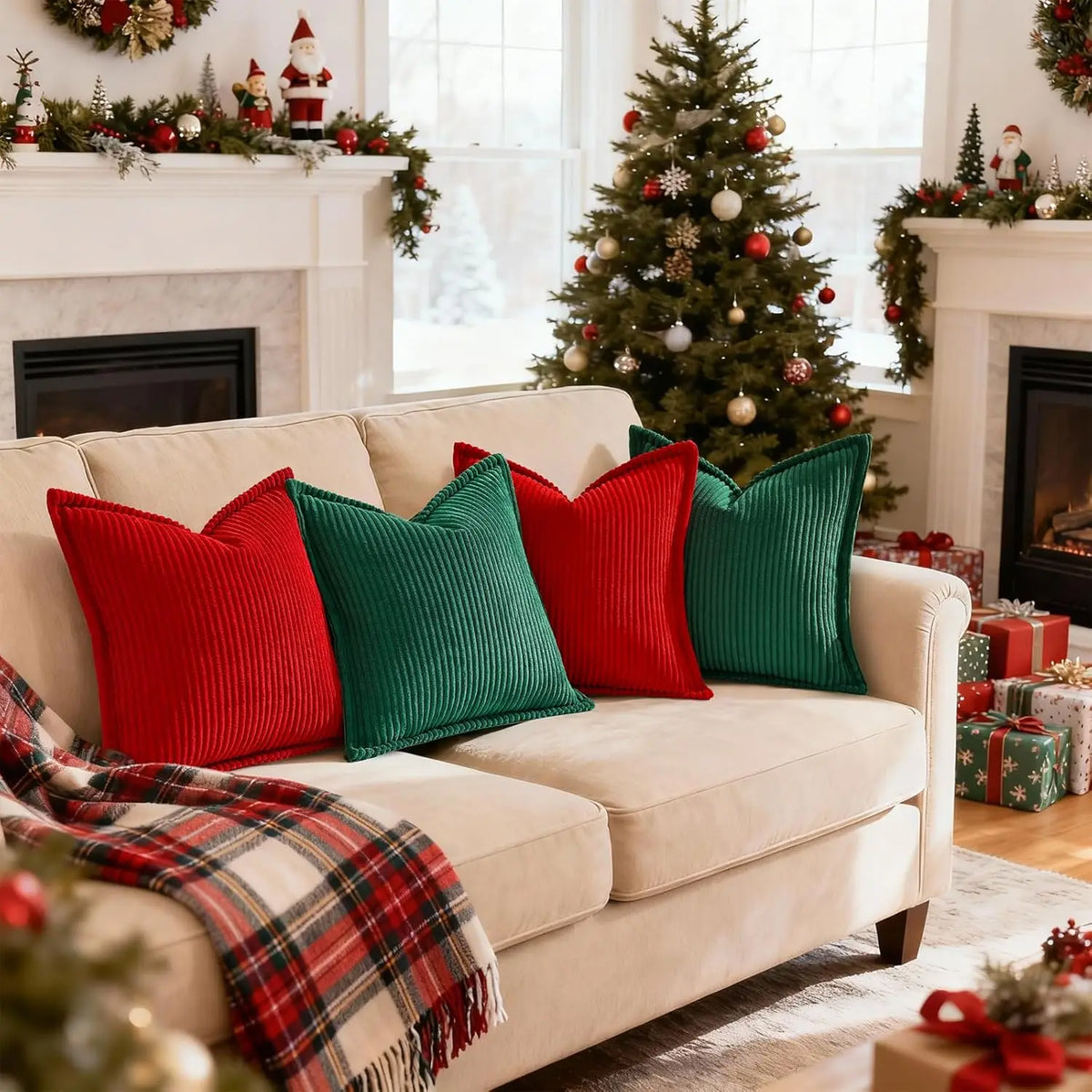 housse coussin noël velours rayé vert foncé moderne décoration canapé lit fauteuil carré simple