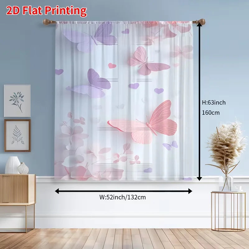 rideau transparent rose violet papillons cœurs moderne fenêtre polyester 132x160cm