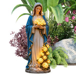 statue religieuse bleu blanc doré robe ornée roses classique extérieur jardin patio