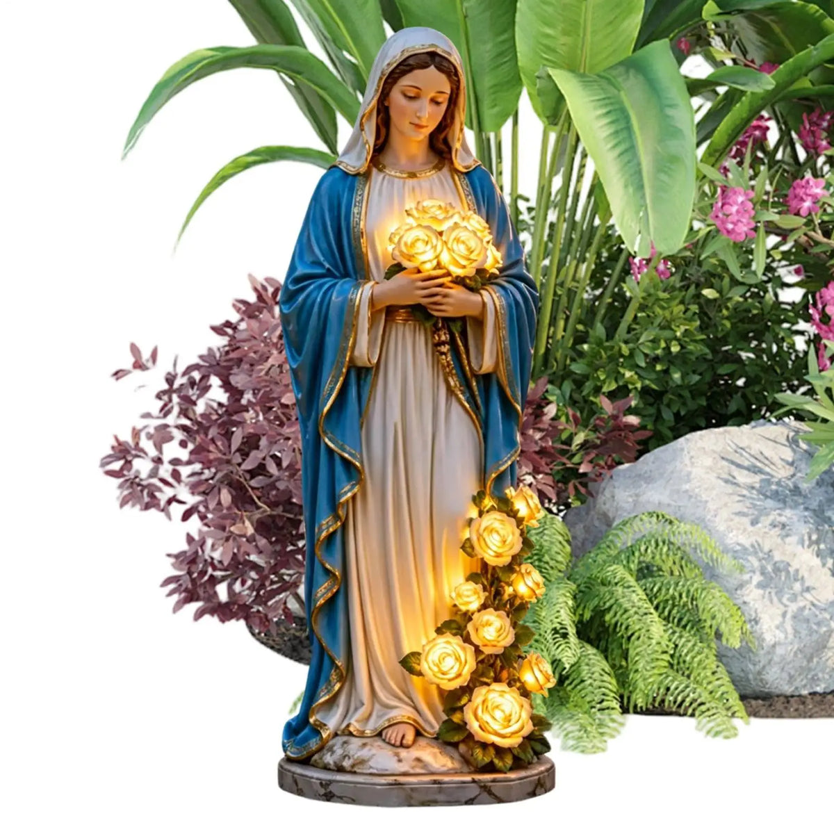 statue religieuse bleu blanc doré robe ornée roses classique extérieur jardin patio