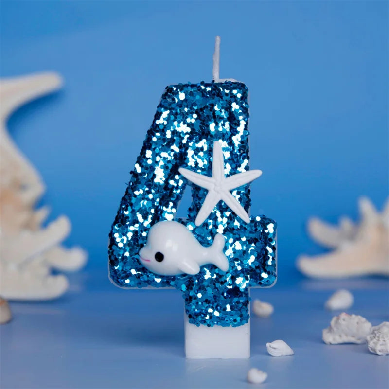 bougies forme chiffre bleu paillette motif marin dauphin étoile mer anniversaire cire paraffine