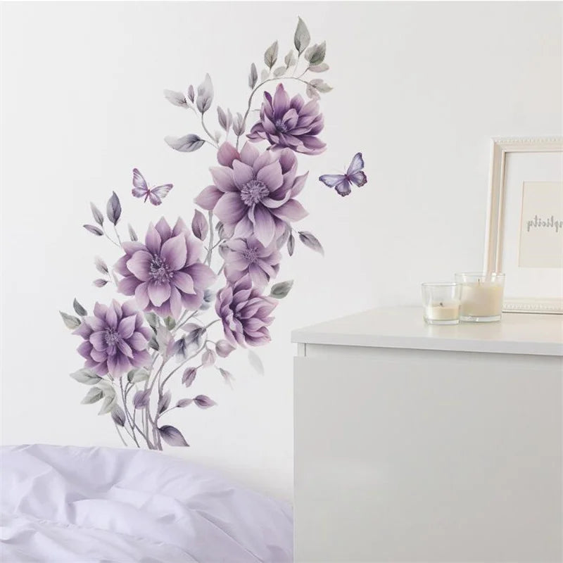 autocollants muraux fleurs violettes papillons décoration chambre salon 60cm 44cm pastoraleOpaque adhésif