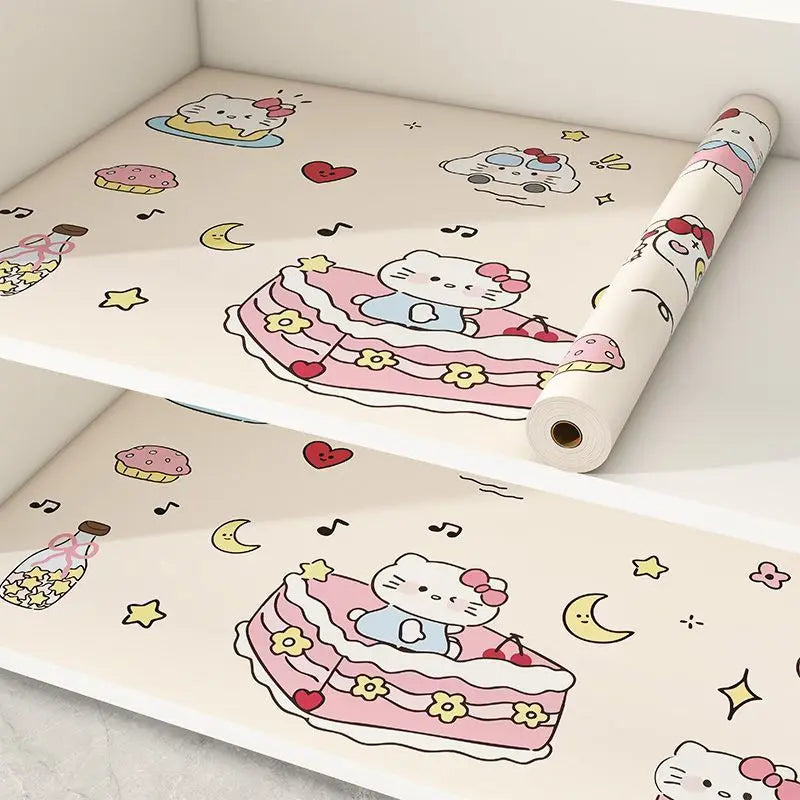 tapis protection meubles hello kitty dessins coeurs étoiles gâteaux adhésif beige clair 300x45cm résistant