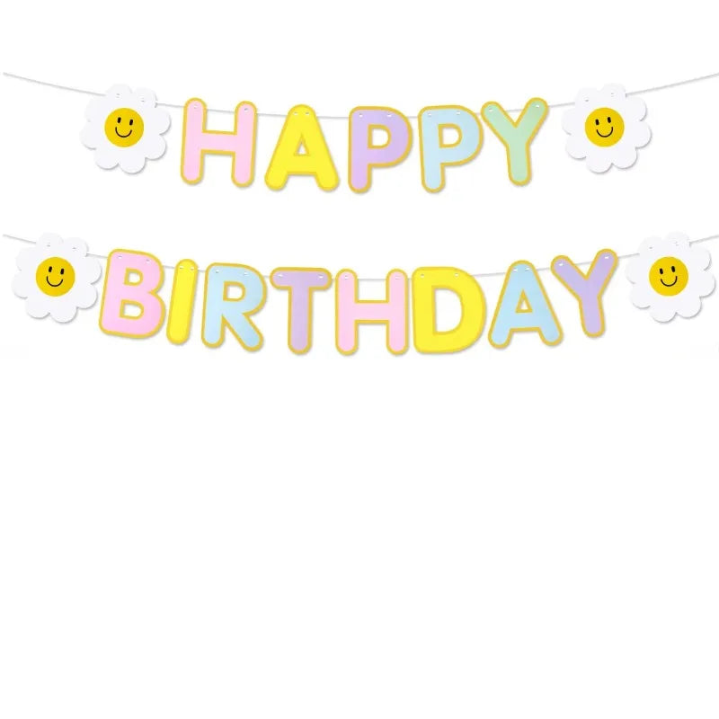guirlande lettres happy birthday multicolore marguerites souriantes deco anniversaire enfantine festive