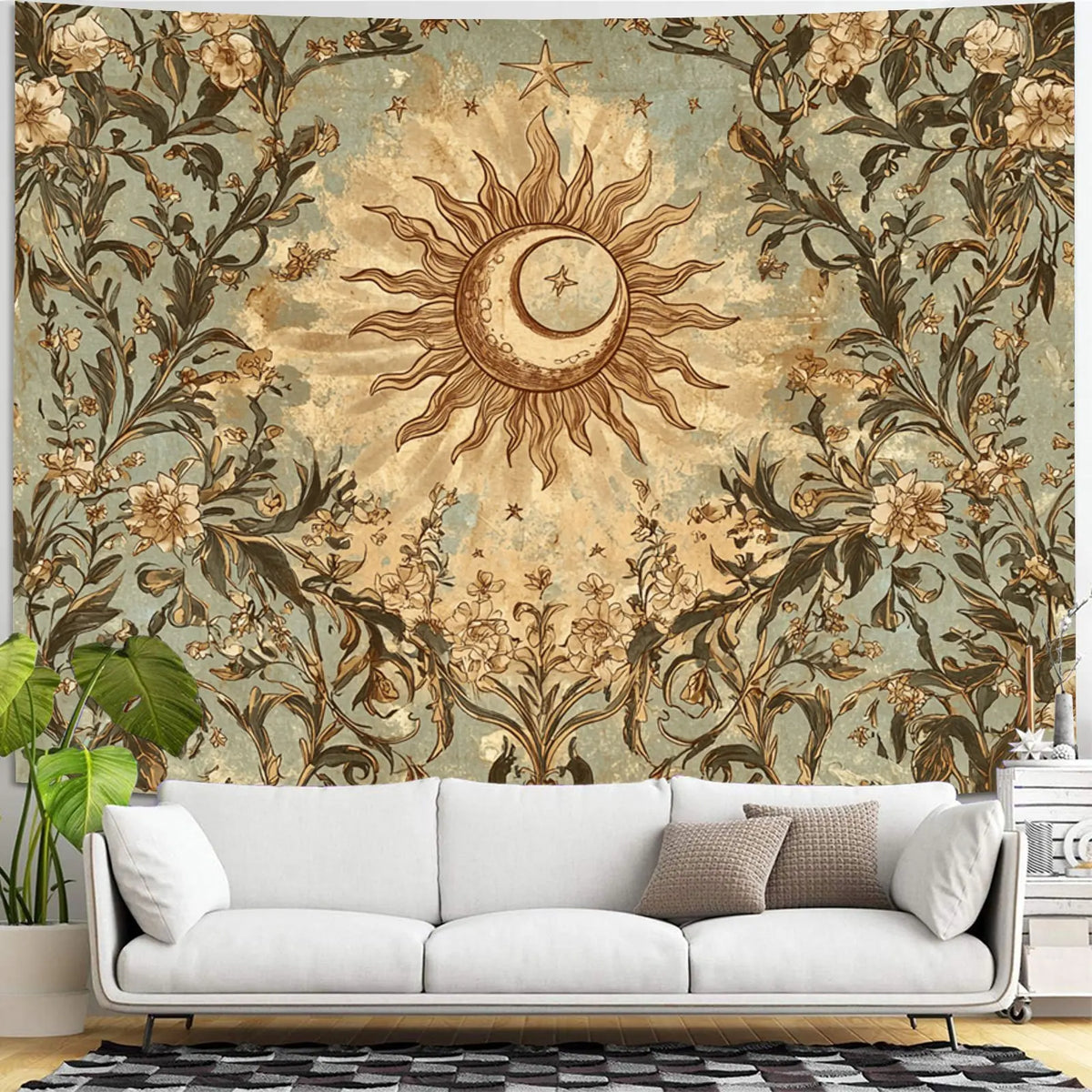 tapisserie murale vintage floral soleil lune vert beige marron romantique rectangle