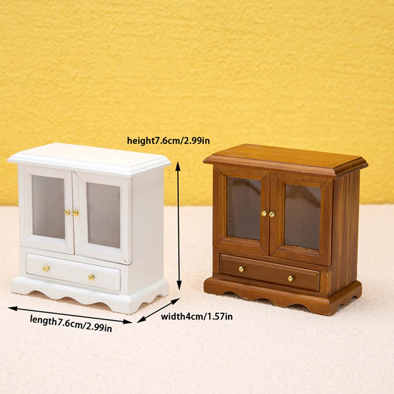 meuble miniature armoire verre transparent classique porte tiroir pieds sculptés blanc marron clair finition