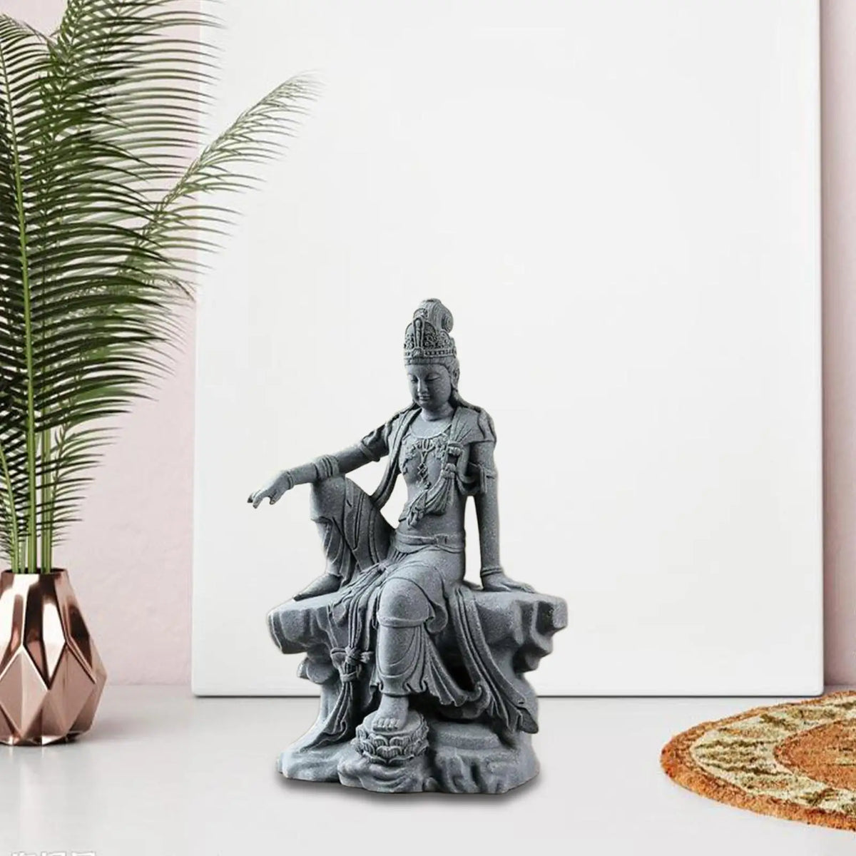 statue bouddhiste grise résine 14cm hauteur décoration méditation espace zen figure assise texture détaillée