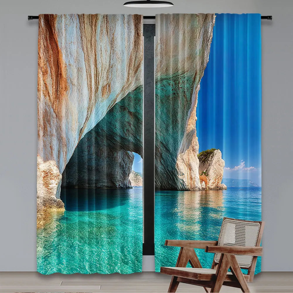 rideau bleu paysage marin moderne semi opaque polyester 75x166cm 105x230cm 130x210cm