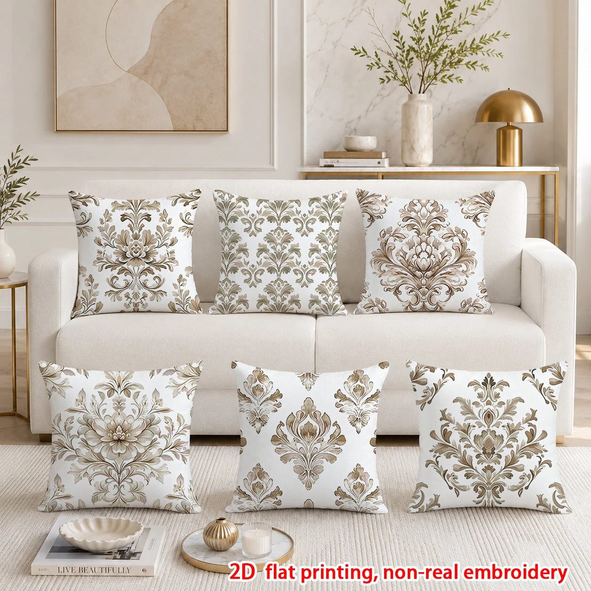 housses coussin décoratives motif floral damassé classique beige blanc marron clair élégantes maison pièces