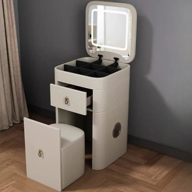 meuble rangement moderne beige clair portes tiroirs compartiments miroir lumineux minimaliste