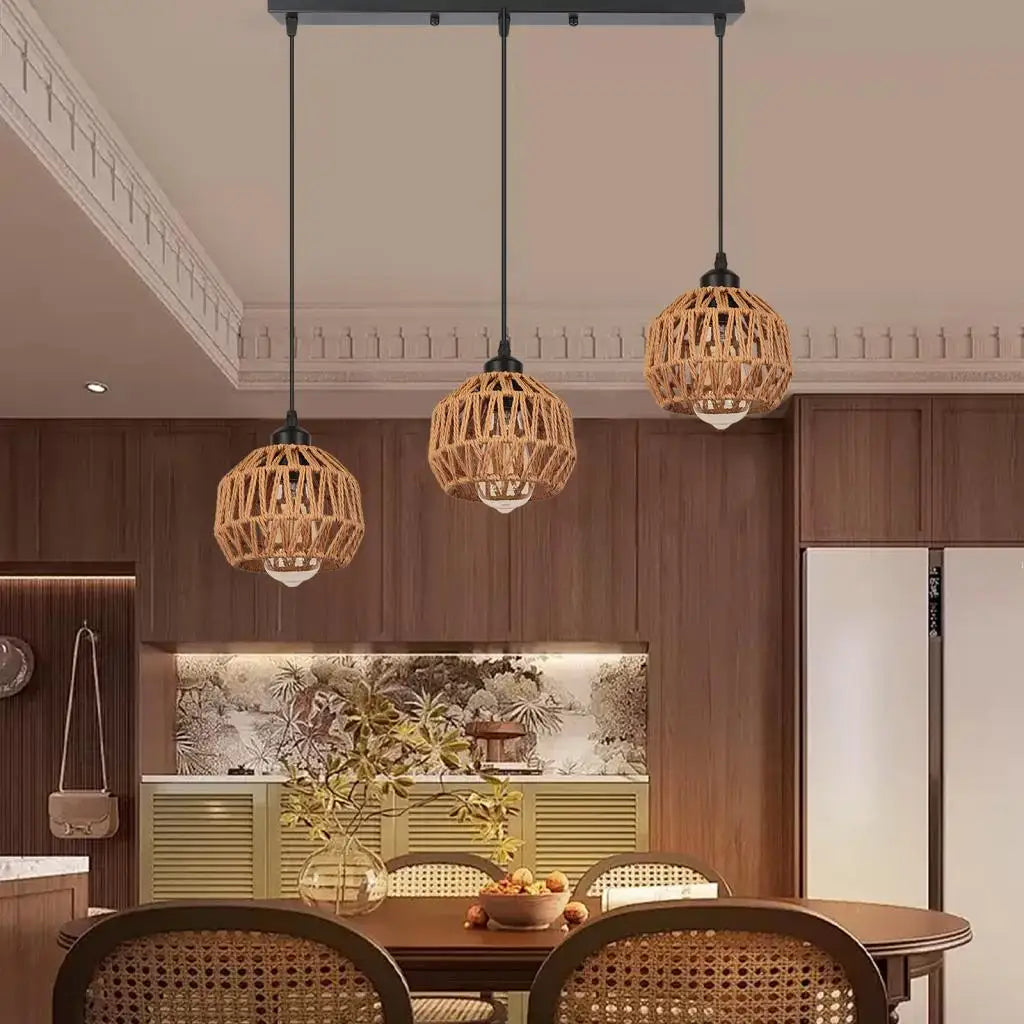 suspension lumineuse tressée rotin marron noir moderne rustique lampes pendentif