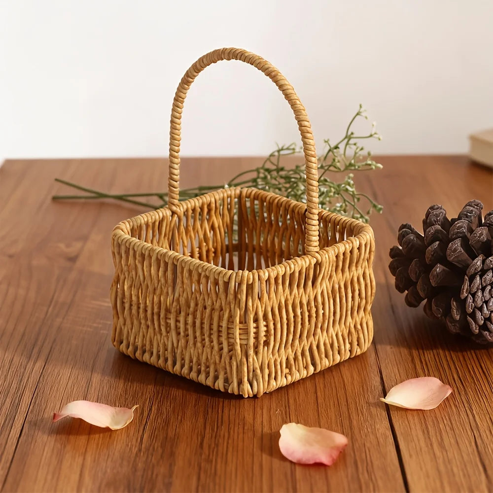 panier tressé rustique marron clair poignée rangement décoration rempli graines bonbons fleurs