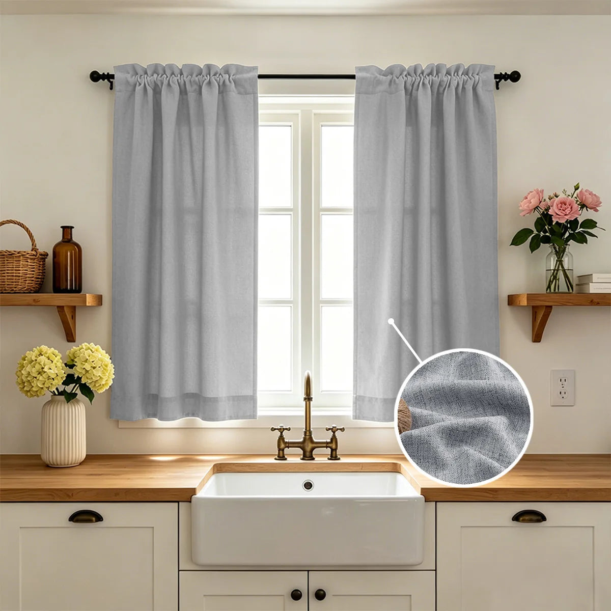 rideaux cuisine blanc gris clair semi transparent modernes minimalistes panneaux texture rayée