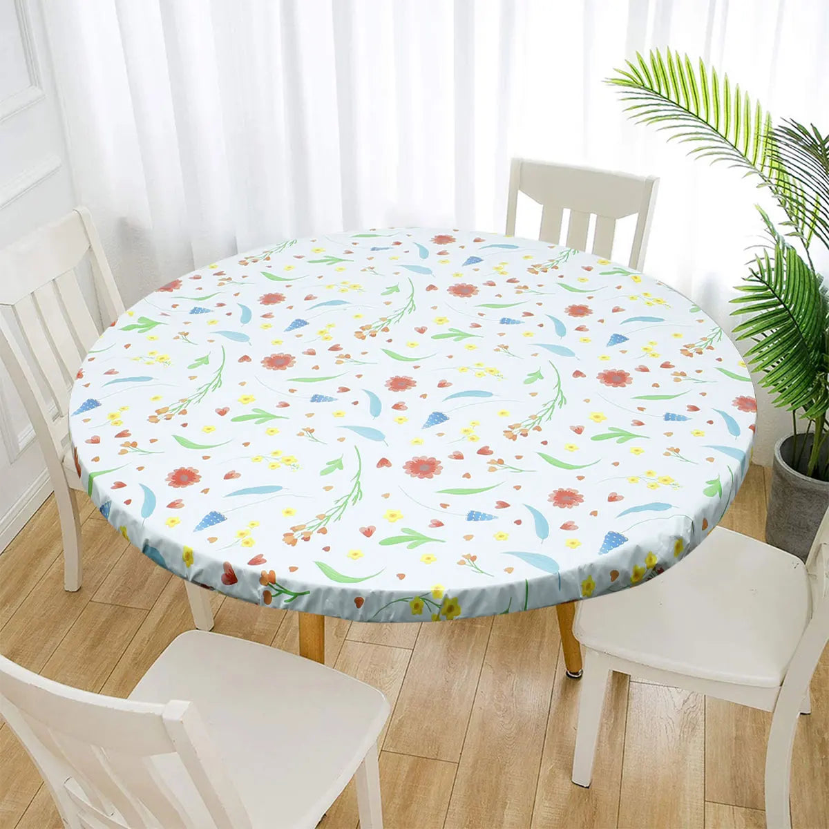 nappe table élégante imperméable pvc feuilles blanches bleu clair 90cm 110cm 140cm elasticée moderne