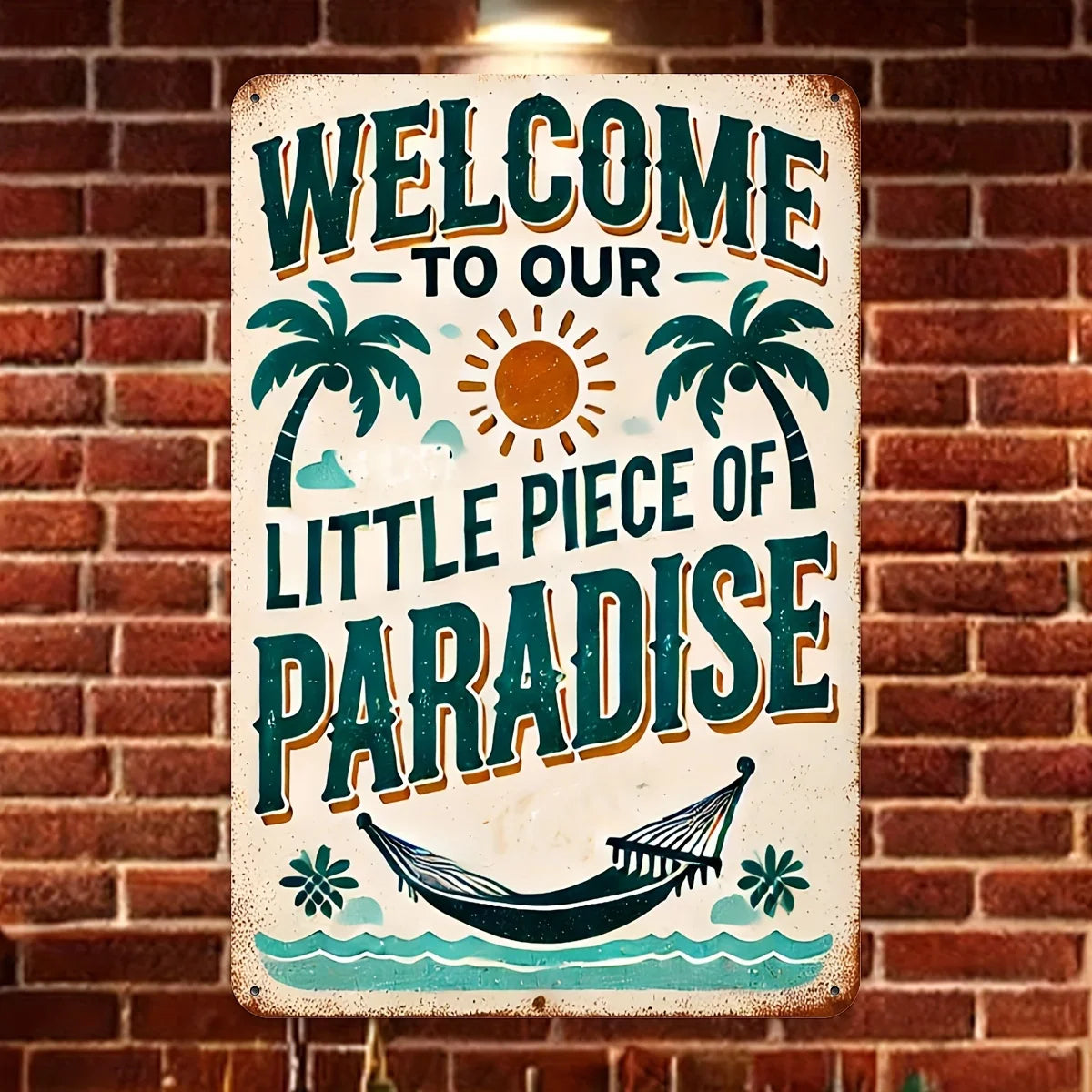 plaque decorative vintage blanc vert bleu brun palmiers soleil hamac fleurs vague bienvenue exterieur