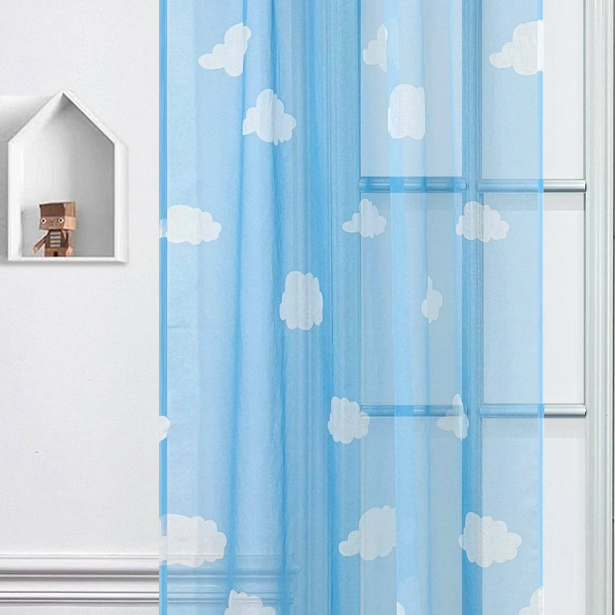 rideau moderne nuages blancs imprimés bleu clair translucide chambre enfant fenêtre française