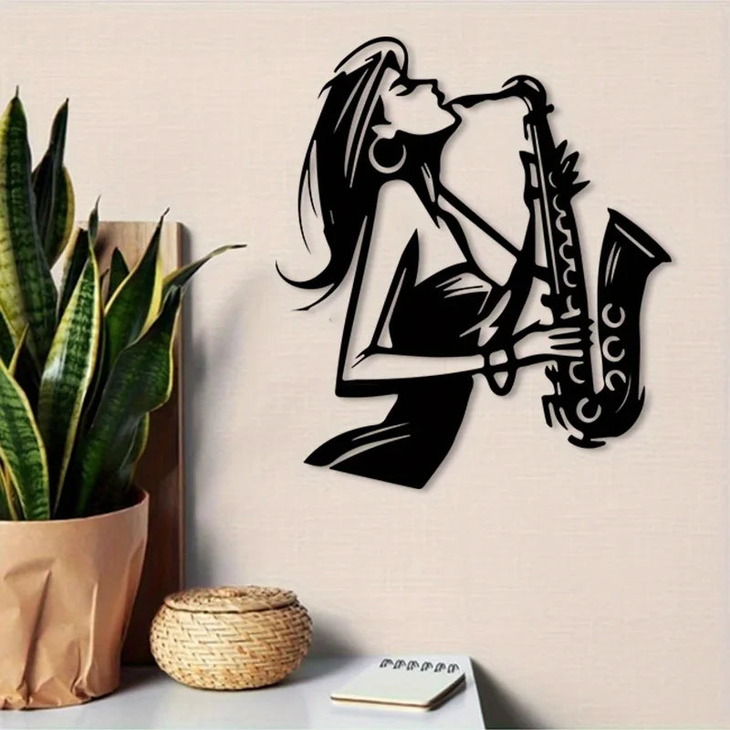 peinture murale noir femme saxophone artiste décoration murale illustration jazz opaquement
