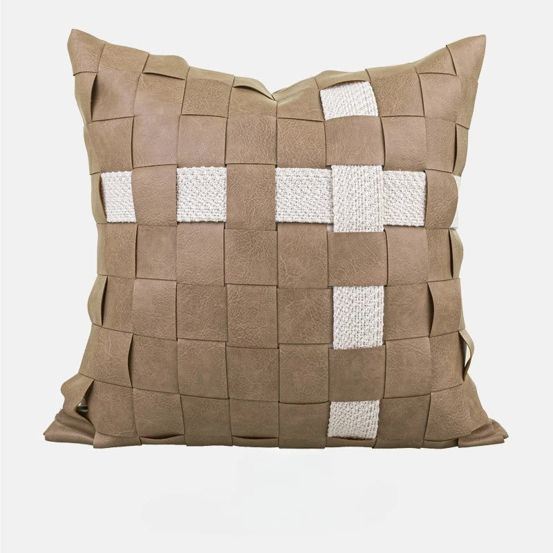 taies d'oreiller géométriques patchwork moderne lin polyester beige marron clair blanc respectueux environnement