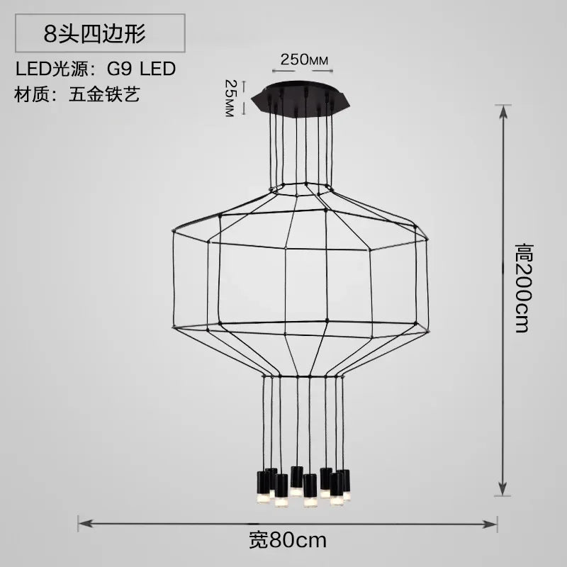 suspension lumineuse moderne fer noir structure géométrique interrupteur bouton éclairage intérieur minimaliste