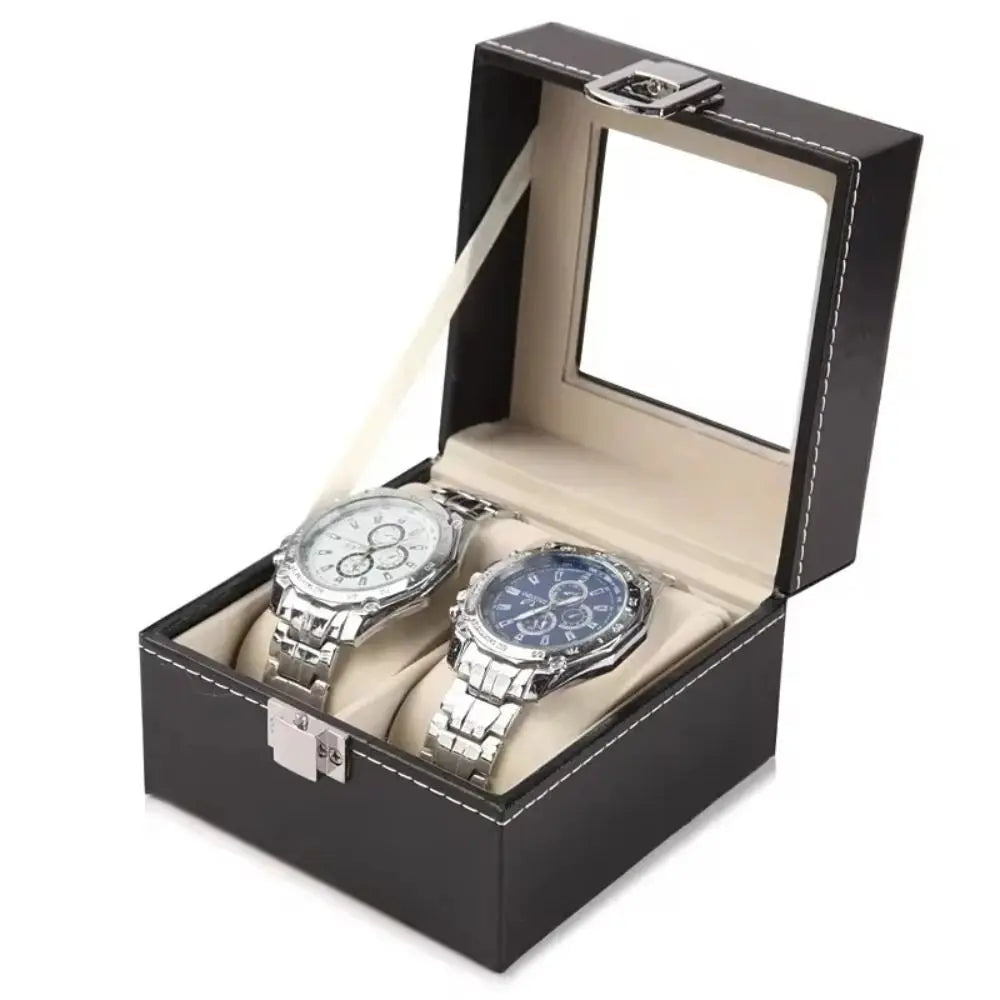 boîtes montres simili cuir noires classiques verrouillables coussinets amovibles compartiments multiples grandes vitres transparentes