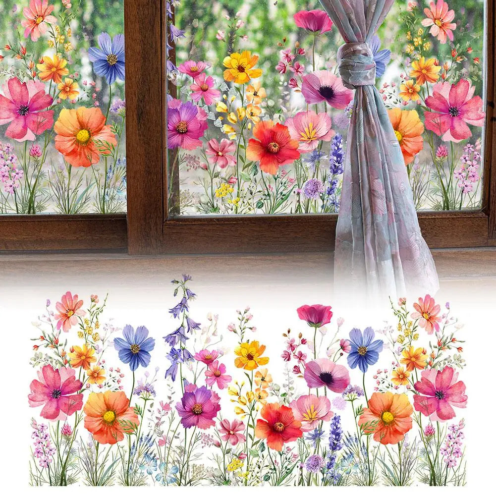 sticker mural fleurs sauvages aquarelle multicolore semi transparent 30x60cm decoration fenetre champetre floral artistique