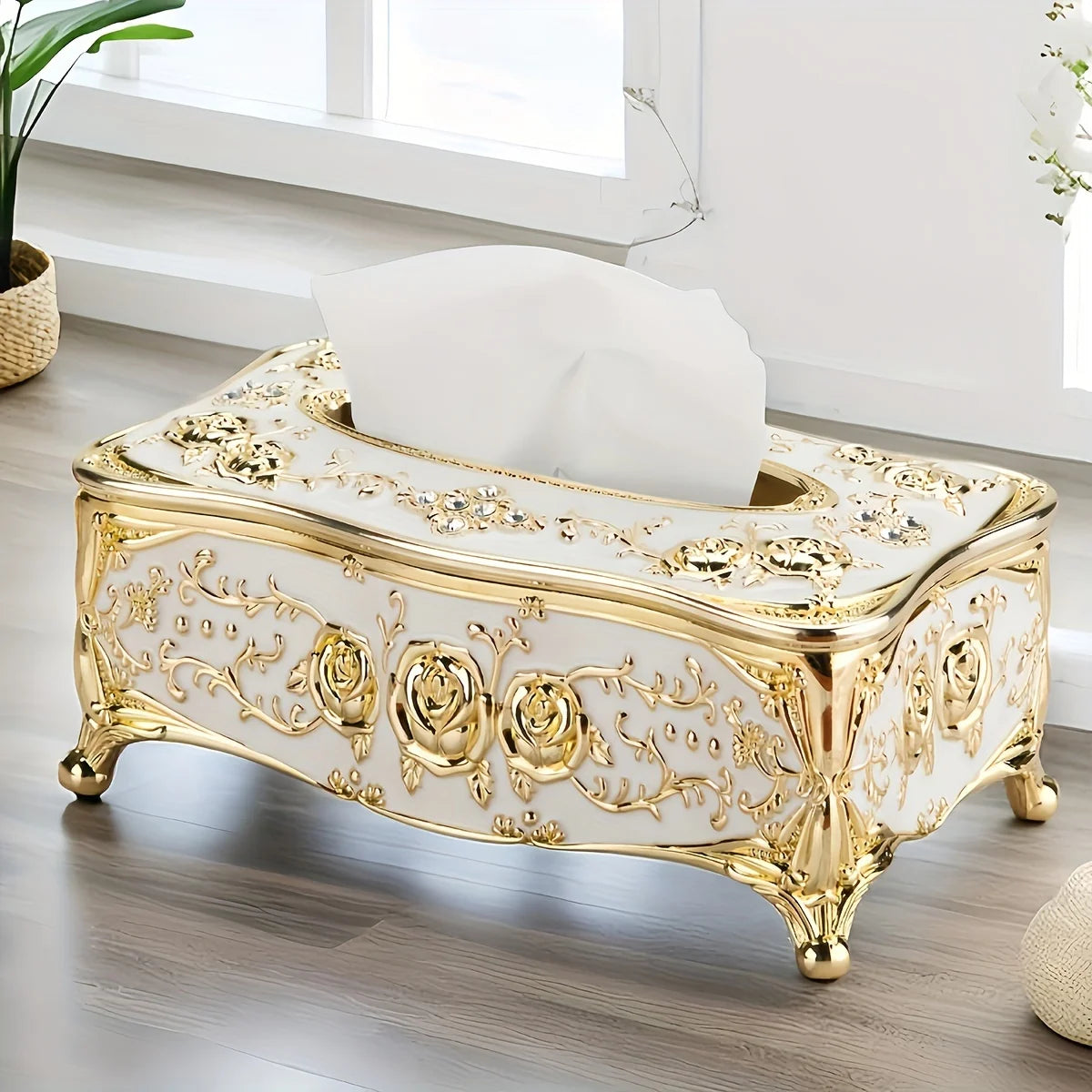 boîte mouchoirs ornemental blanc doré classique baroque tissu amovible moderne maison