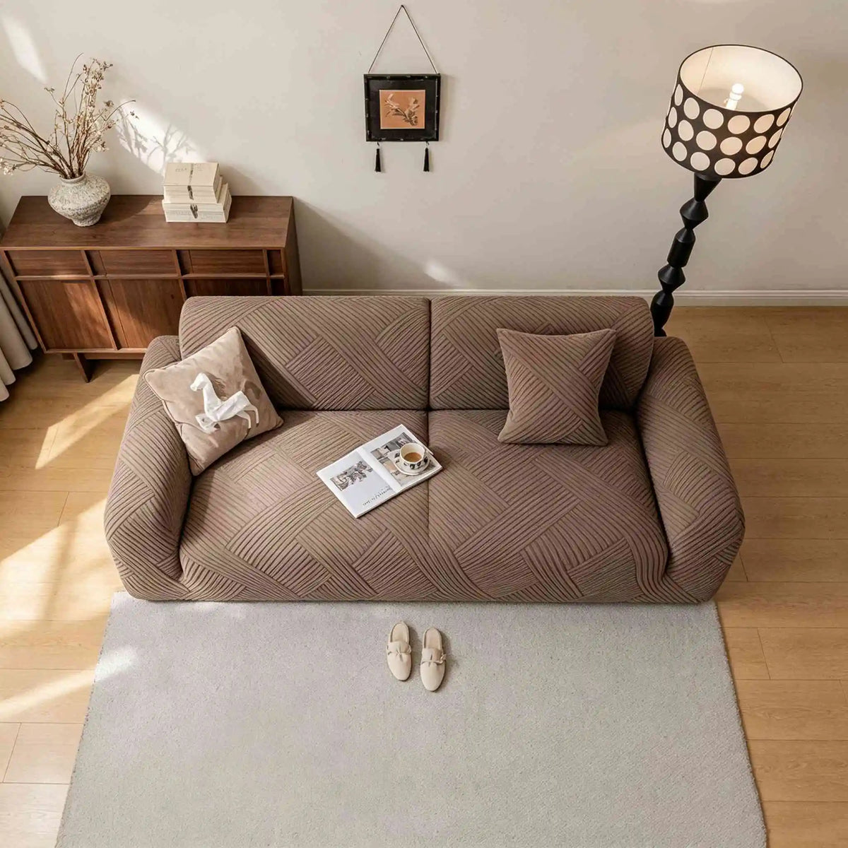 housses canapé moderne rayures horizontales beige gris clair polyestère lavage machine adaptable places