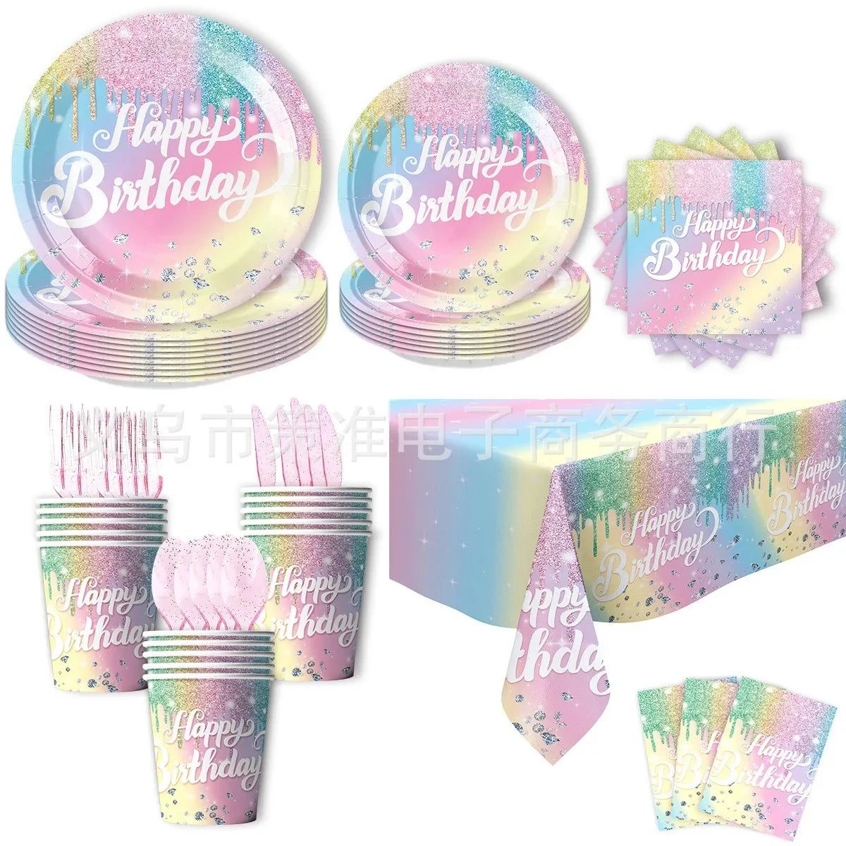 assiettes pailletées multicolores serviettes gobelets nappe festive anniversaire filles papier décorative effet gouttelettes colorées