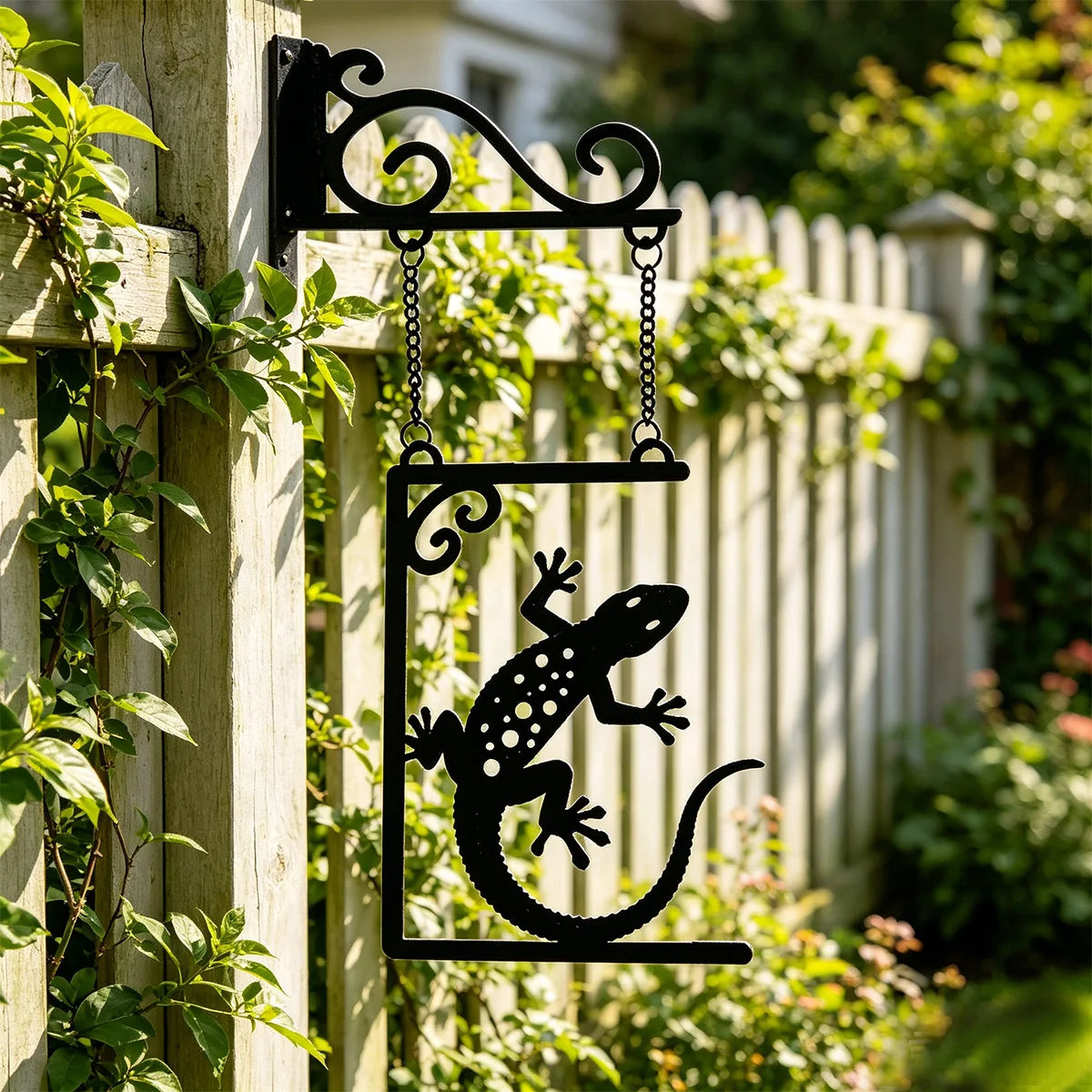 décoration murale lézard métal suspendu pots fleurs rustic extérieur mur brique cloison bois
