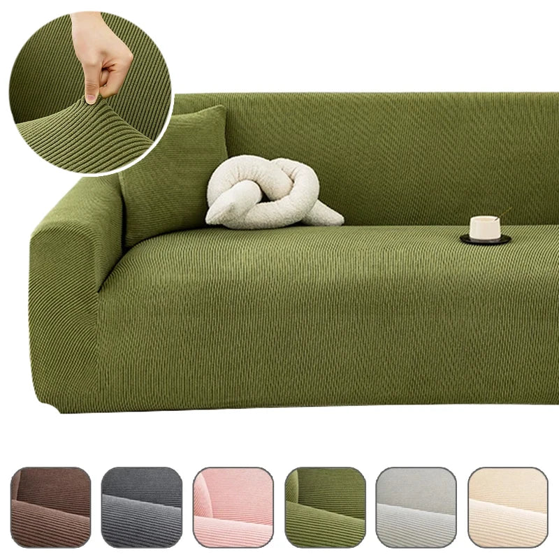 Housse canapé vert olive rayures moderne 170 240cm fixations invisibles coussin blanc