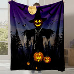 Affiche d'Halloween avec un personnage effrayant, des citrouilles lumineuses et un paysage nocturne avec une lune pleine et des chauves-souris.