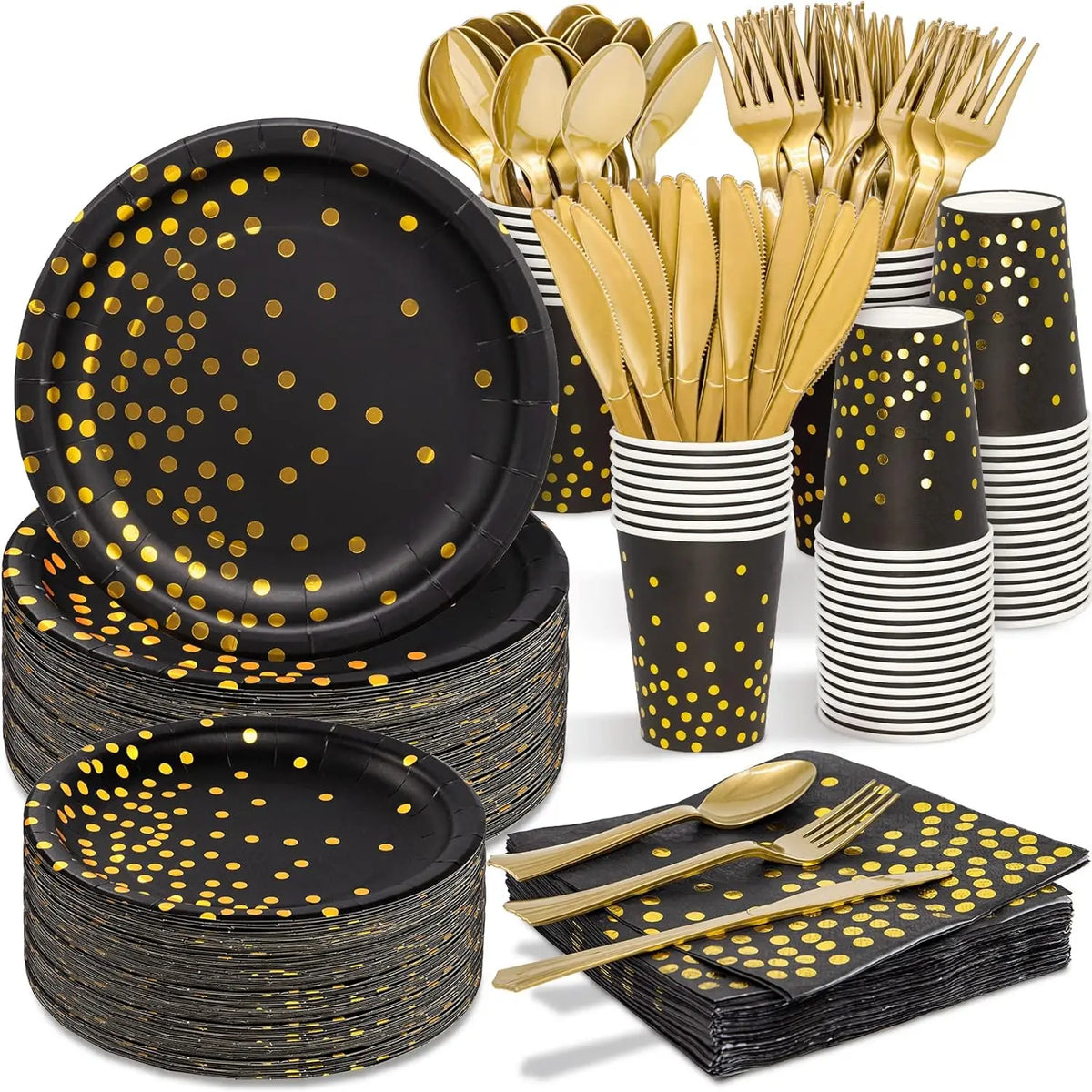 assiettes papier pois dorés serviettes noires cuillères fourchettes couteaux mariage anniversaire moderne festif jetables