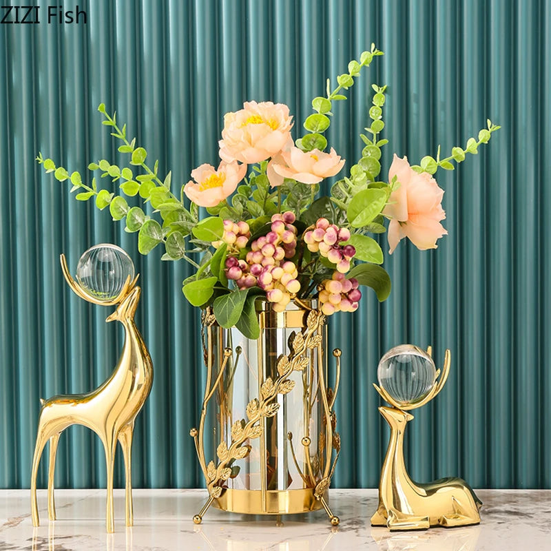 statues cerfs dorées boule cristal moderne décoration vase fleurs artificielles tableau noir