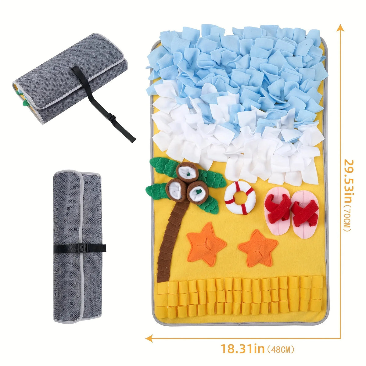 tapis d'activités chiens motif plage palmier coquilles bouée sandales étoiles bibi bleu blanc jaune